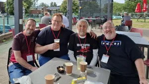 Tomsk, Jogeir Liljedahl, Peter Clark and Barry Leitch at the ZZap!64 event in Kenilworth, England on August 17, 2024.